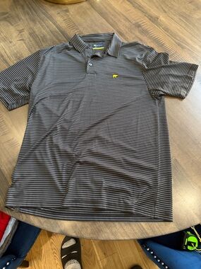 Men's Black Striped Polo Shirt with Yellow Logo